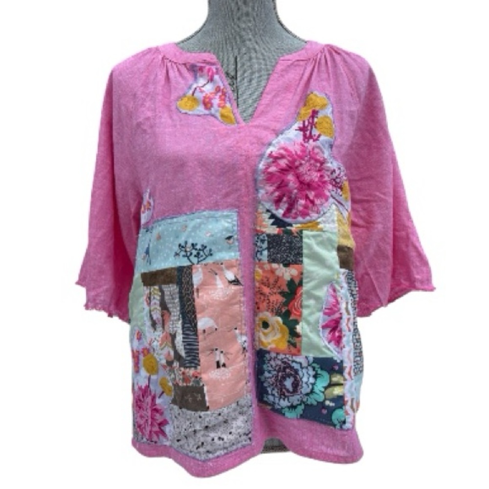 Upcycled Pink Patchwork Spring Summer Cotton Women's Short Sleeve Top